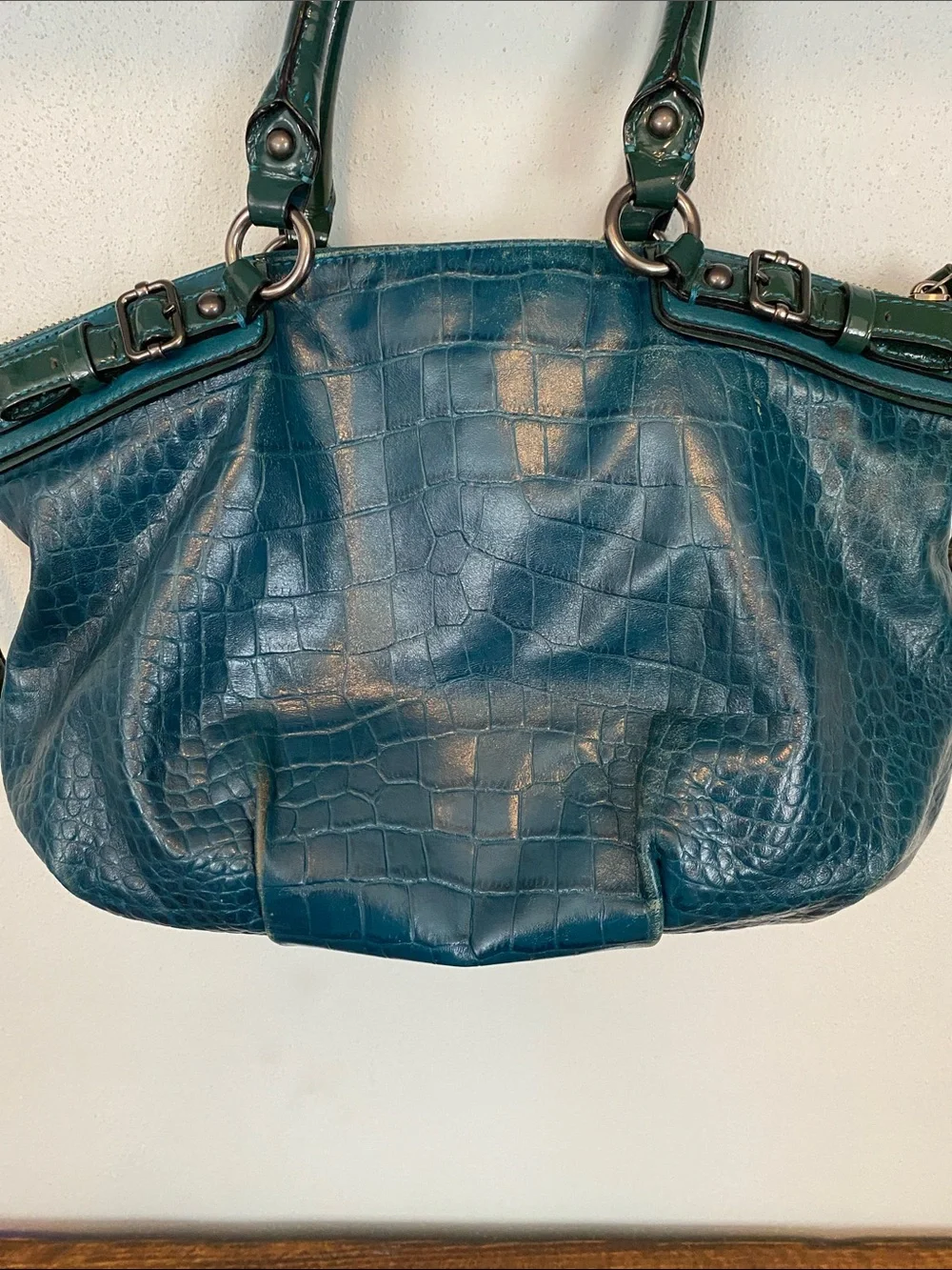 Coach Teal Croc-Embossed Leather Shoulder Bag with Dark Green Trim